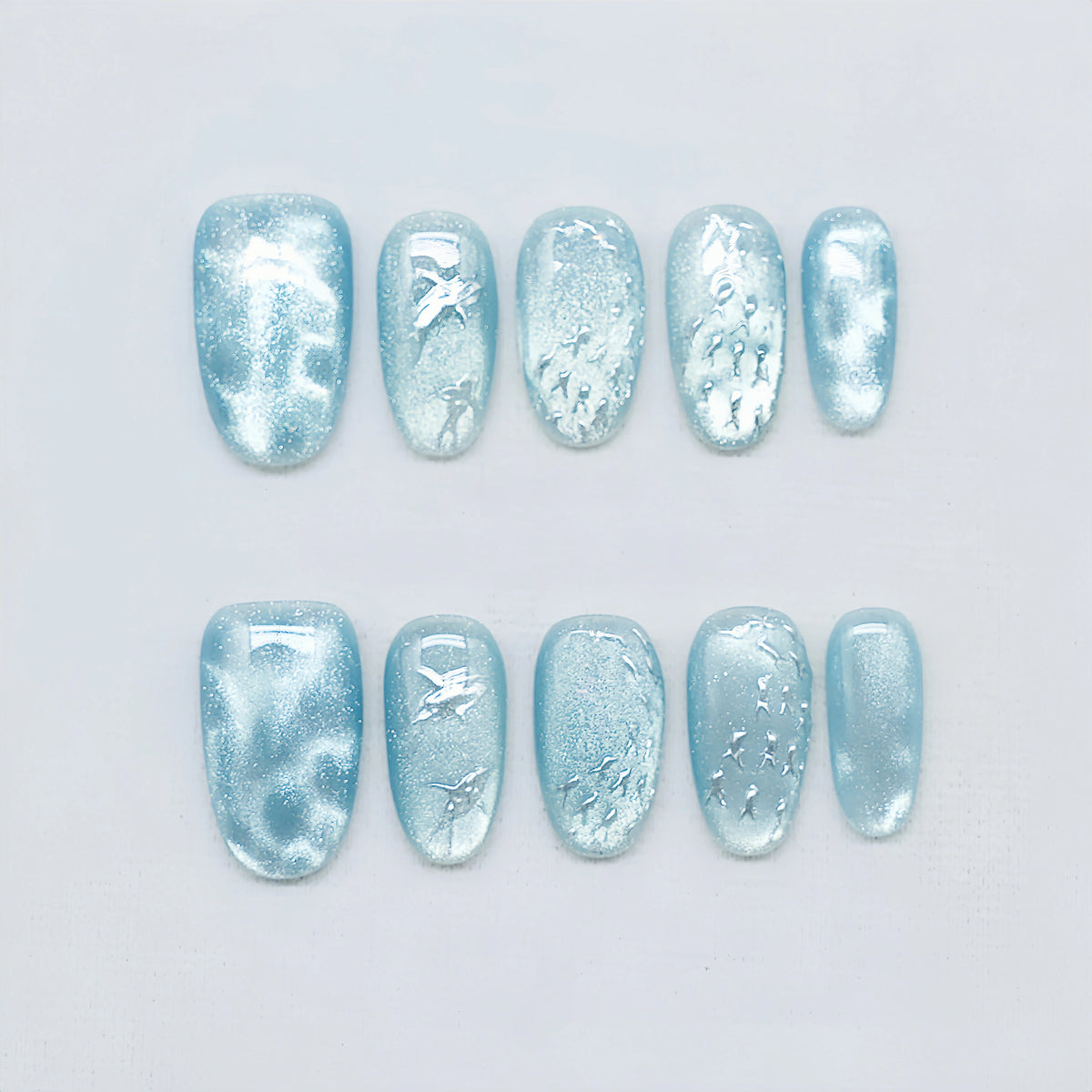 Ocean Whispers - Handcrafted 3D Dolphin & Fish Chrome Press-On Nails