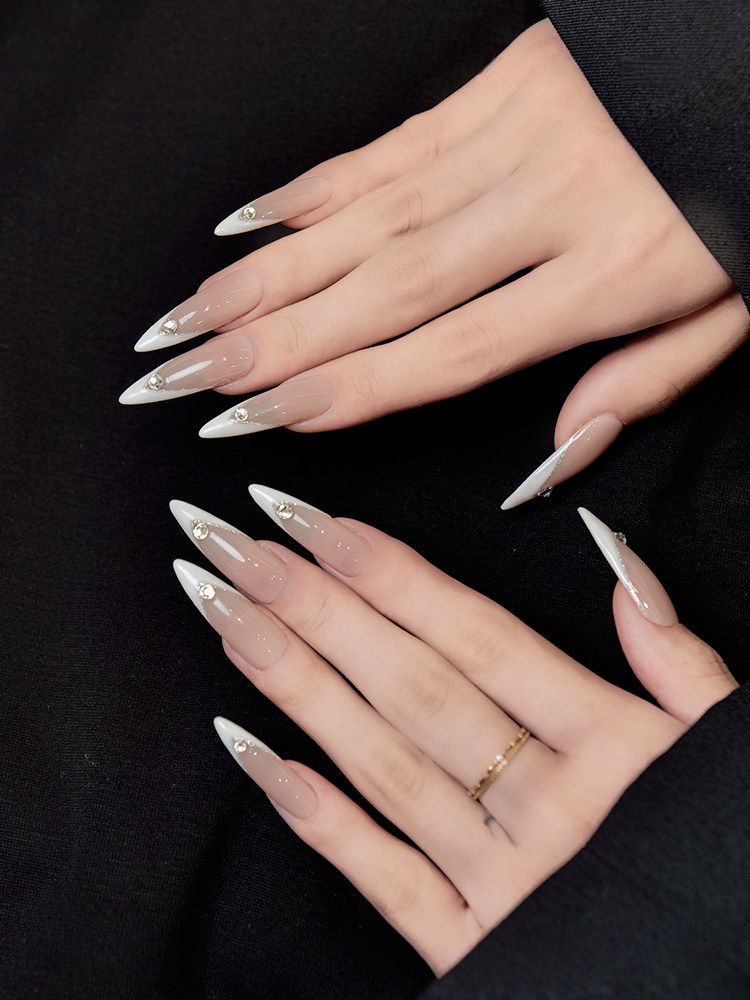 Glow-in-the-Dark Ice Blue French - Handcrafted Night Glow & Rhinestone Long Almond Press-On Nails