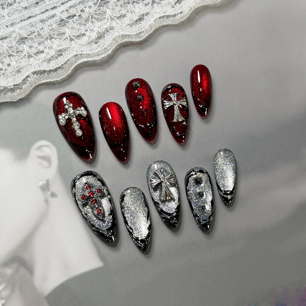 Gothic Cross - Handcrafted Dark Red Cat-Eye & 3D Silver Cross Press-On Nails