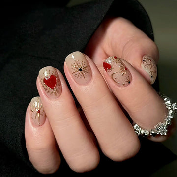 Baroque Red Heart - Handcrafted Gold Relief & Crimson Heart Press-On Nails