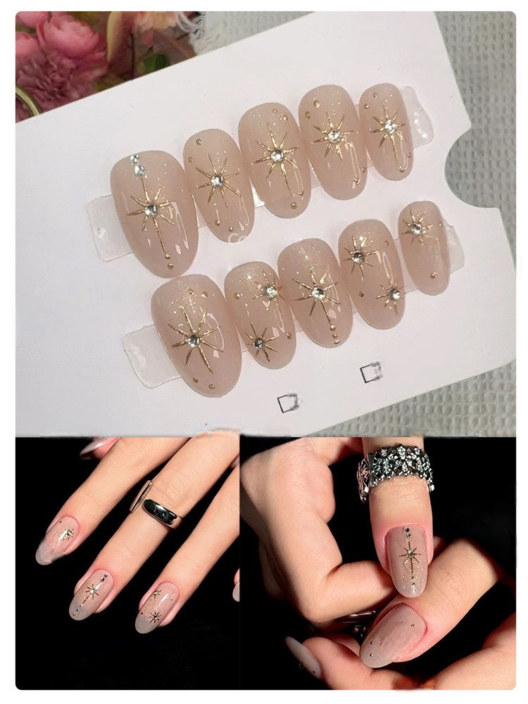 Gilded Celestial - Handcrafted Gold Starburst & Rhinestone Press-On Nails