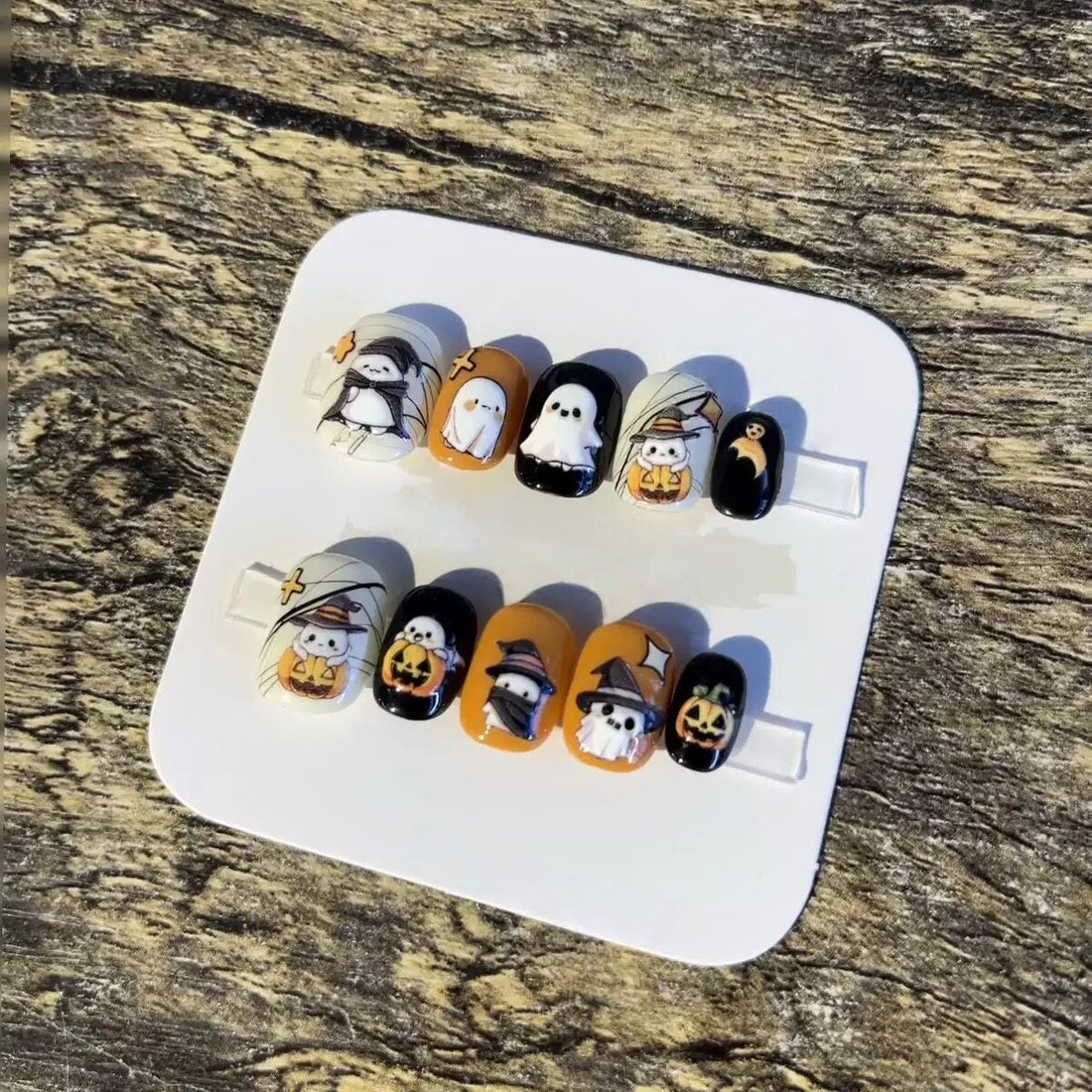 Kawaii Little Ghost - Handcrafted 3D Spooky Ghost & Pumpkin Halloween Press-On Nails