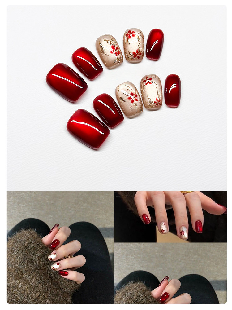 Imperial Blossom - Handcrafted Crimson Cat-Eye & Gold Relief Press-On Nails