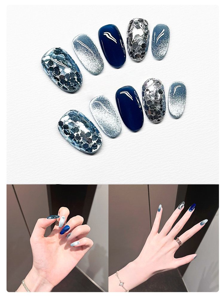 Ocean Glacier Sequins - Handcrafted Ice Blue Chunky Glitter & Deep Midnight Blue Press-On Nails