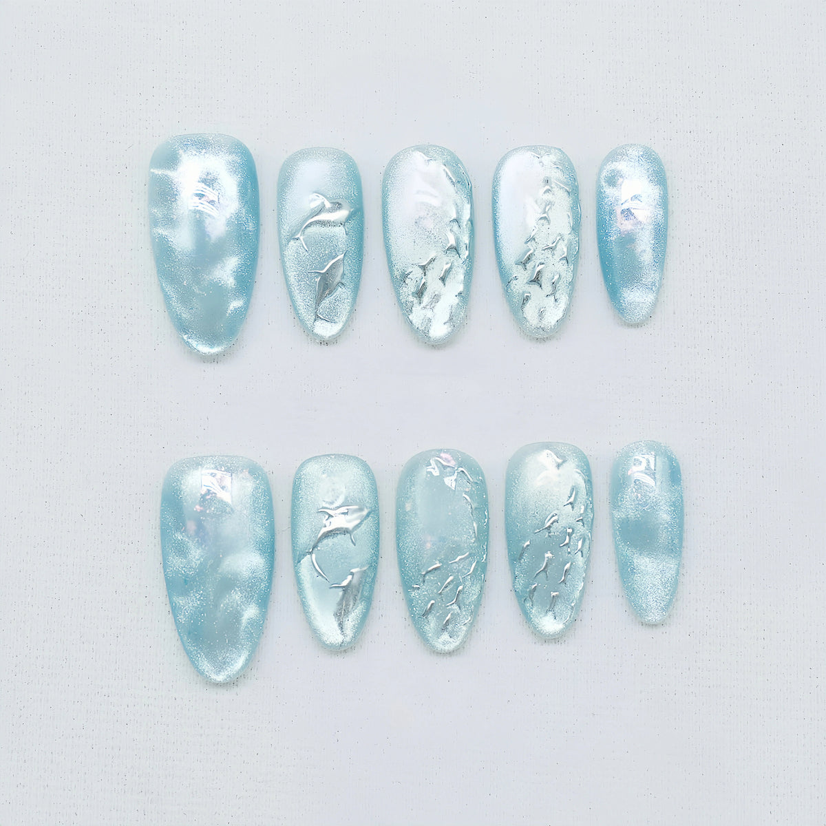 Ocean Whispers - Handcrafted 3D Dolphin & Fish Chrome Press-On Nails