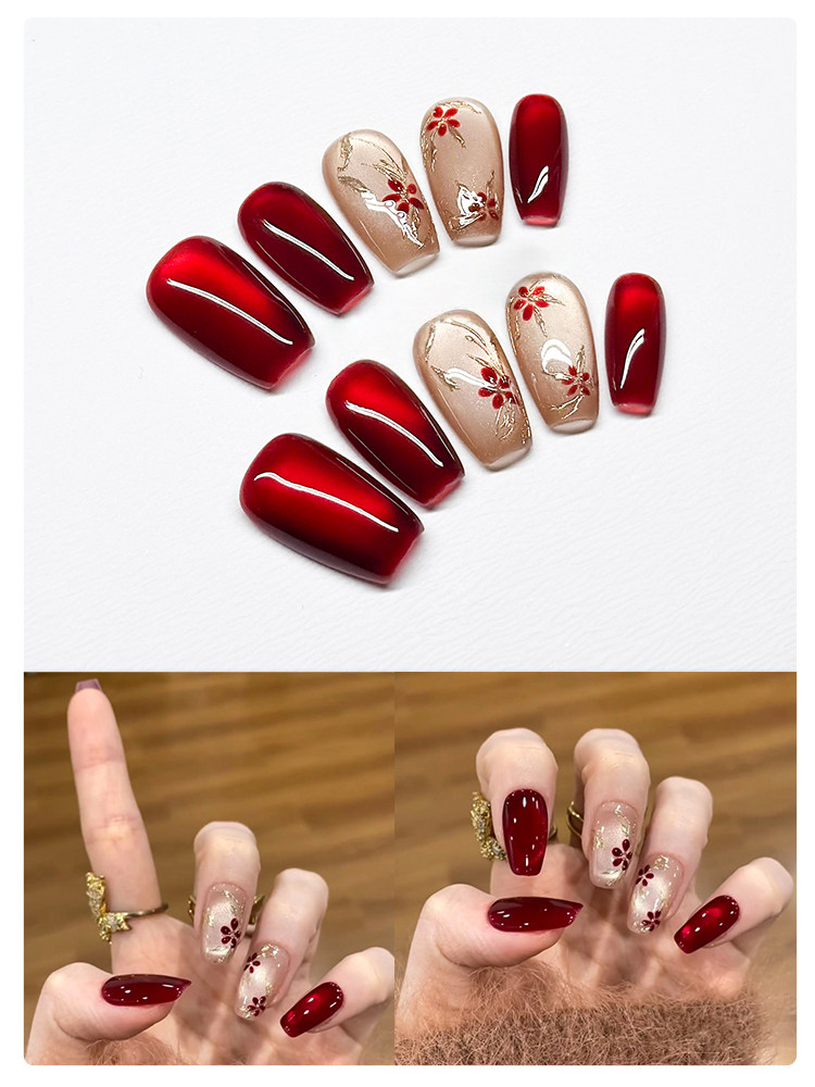 Imperial Blossom - Handcrafted Crimson Cat-Eye & Gold Relief Press-On Nails