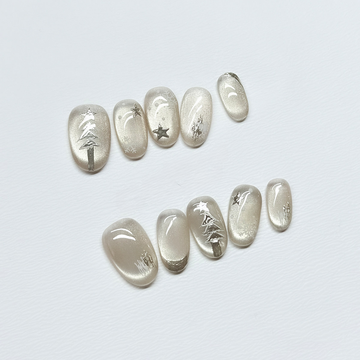 Silver Pine & Stars - Handcrafted Silver Chrome Pine Tree & Star Cat-Eye Press-On Nails