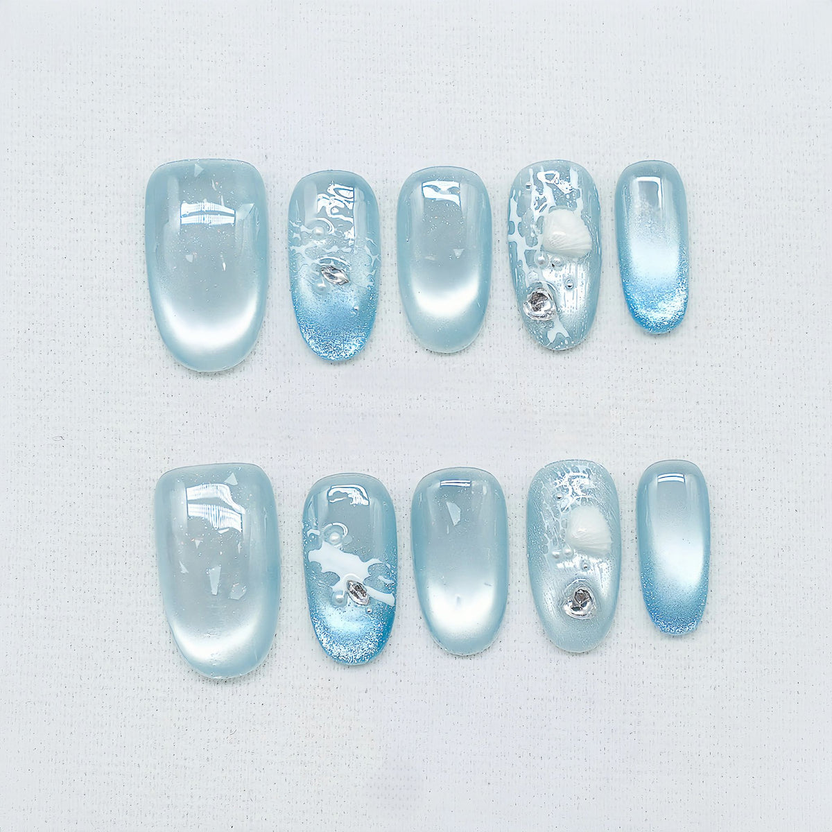 Mermaid Wave - Handcrafted Shell & Water Ripple Cat-Eye Press-On Nails