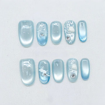 Mermaid Wave - Handcrafted Shell & Water Ripple Cat-Eye Press-On Nails