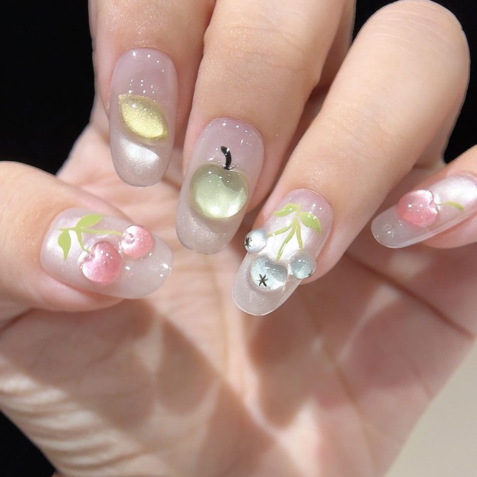 Orchard Fruit - Handcrafted Ice Pink Cat-Eye & 3D Jelly Fruit Press-On Nails