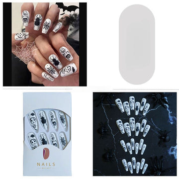 Matte Spooky Doodle - Handcrafted White & Black Halloween Ghost & Spider Press-On Nails