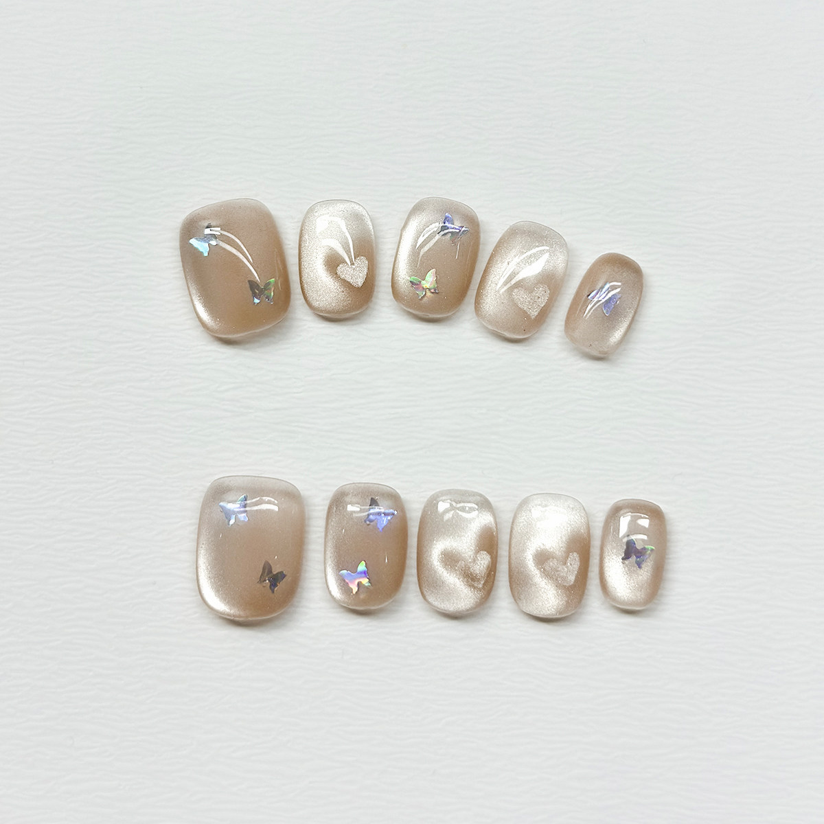 Holographic Butterfly Hearts - Handcrafted Iridescent Butterfly & Heart Cat-Eye Press-On Nails