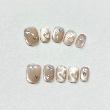 Holographic Butterfly Hearts - Handcrafted Iridescent Butterfly & Heart Cat-Eye Press-On Nails