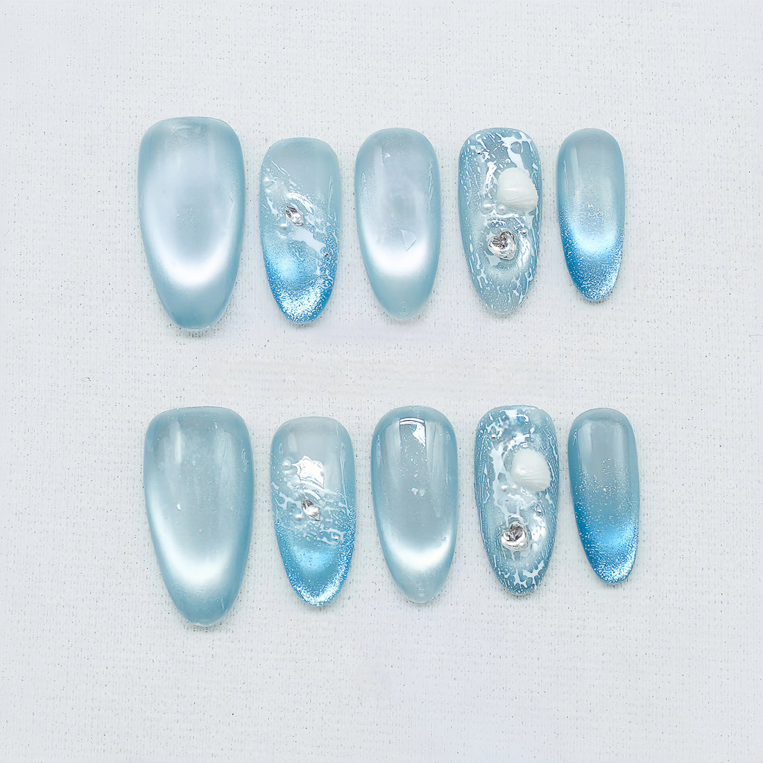 Mermaid Wave - Handcrafted Shell & Water Ripple Cat-Eye Press-On Nails