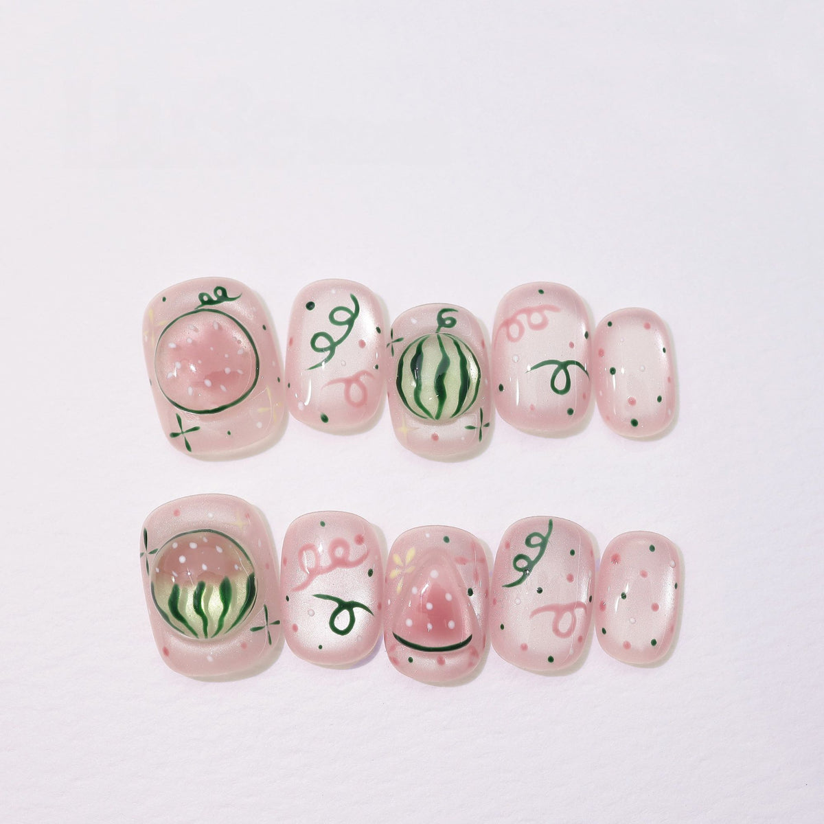 Juicy Watermelon - Handcrafted 3D Dewdrop & Watermelon Press-On Nails
