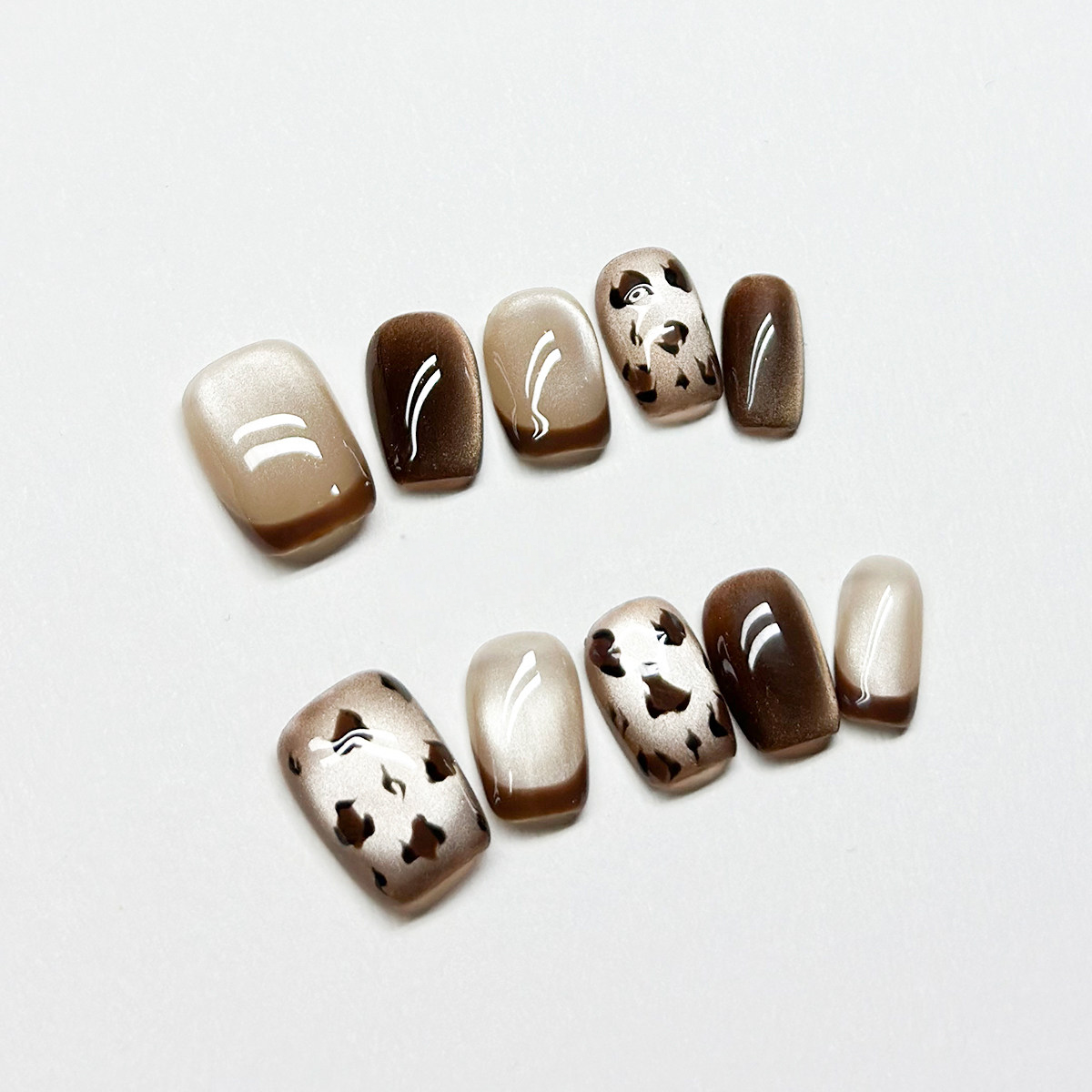 Amber Leopard - Handcrafted Mocha Cat-Eye & Leopard Print Press-On Nails