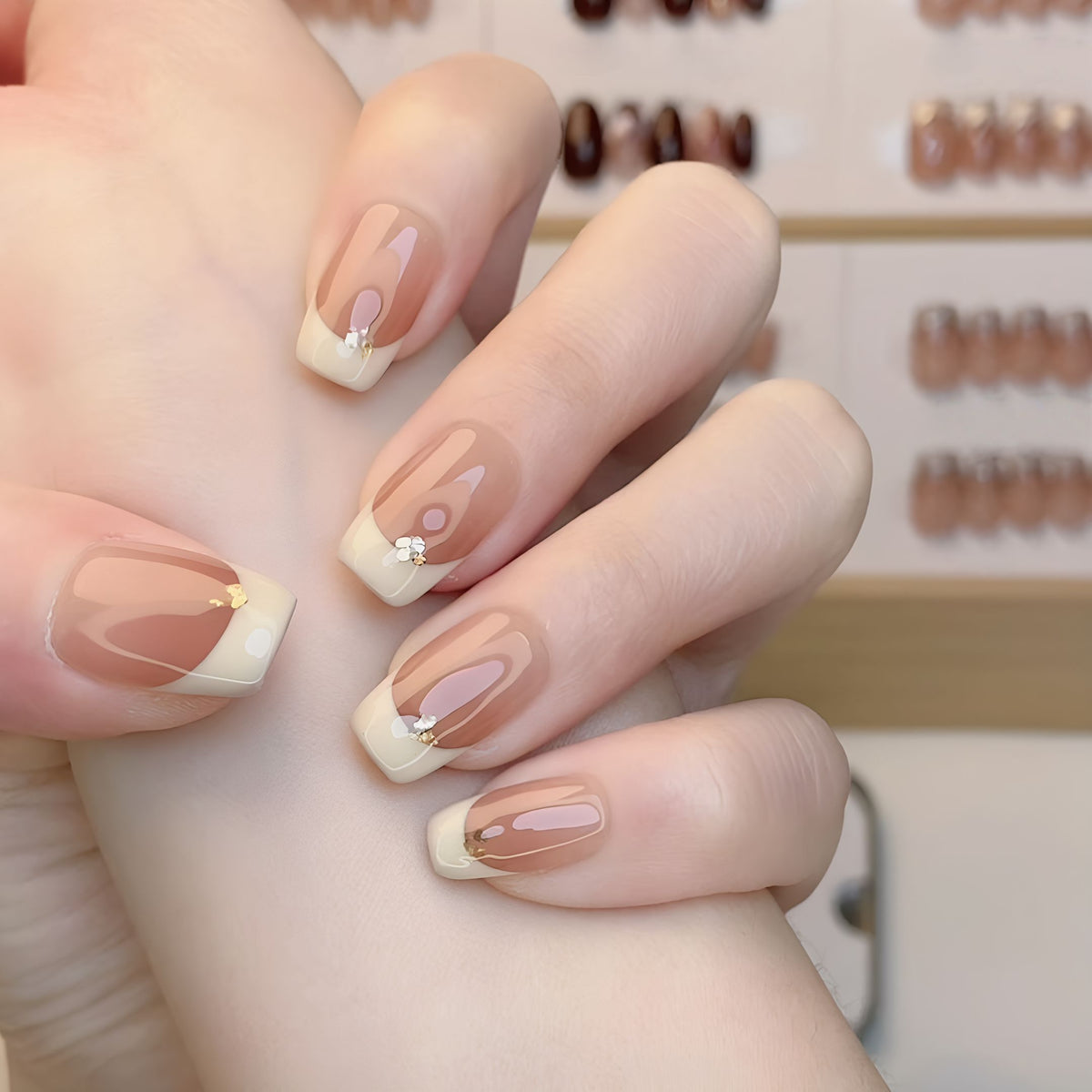 Nude Mocha French Swirl - Handcrafted Neutral French & Gold Foil Line Press-On Nails
