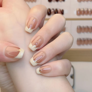 Nude Mocha French Swirl - Handcrafted Neutral French & Gold Foil Line Press-On Nails