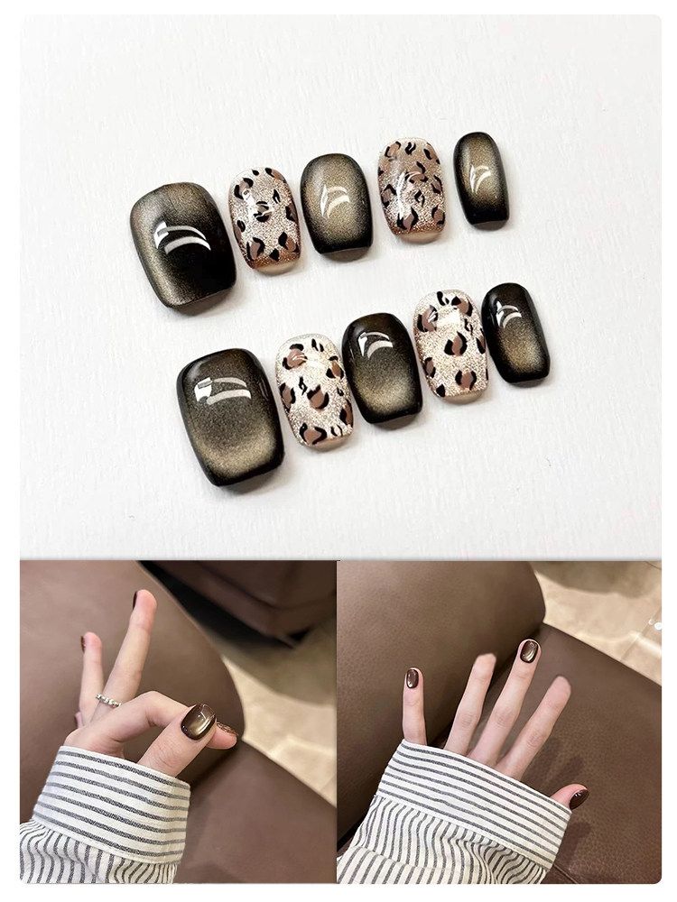 Amber Leopard - Handcrafted Mocha Cat-Eye & Leopard Print Press-On Nails
