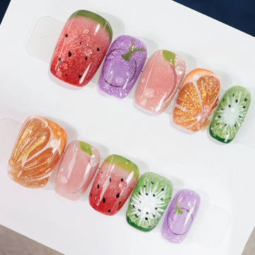 Juicy Summer Fruit - Handcrafted Multi-Color Cat-Eye & 3D Fruit Press-On Nails