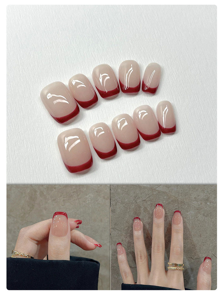 Cherry Mocha French - Handcrafted Wine Red Tip Press-On Nails